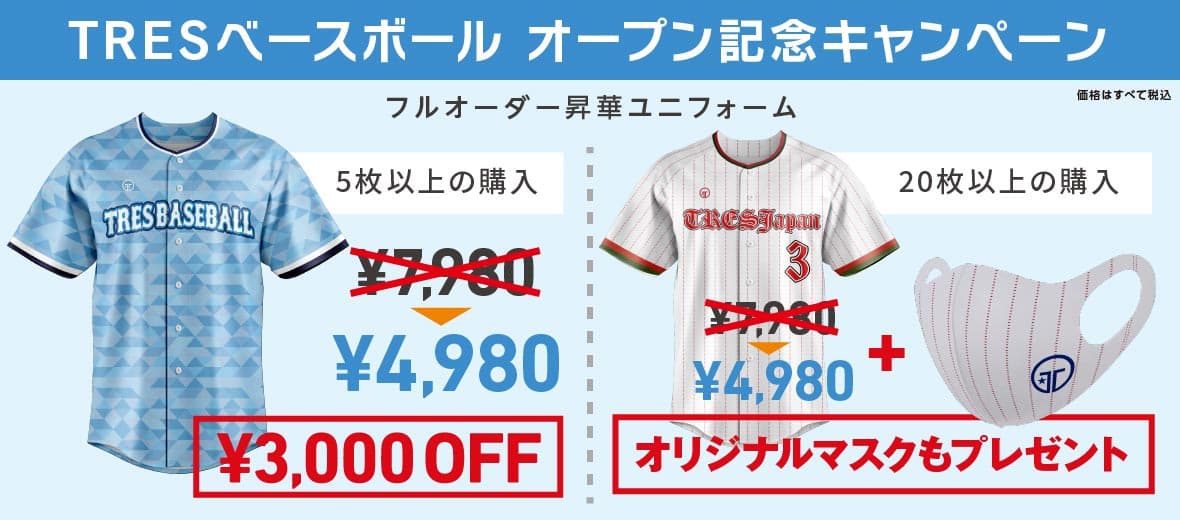 5枚以上購入でベースボールフルオーダー昇華ユニフォームが3000円オフになります。さらに20枚以上購入でユニフォームと同じデザインのマスクがついてくる!