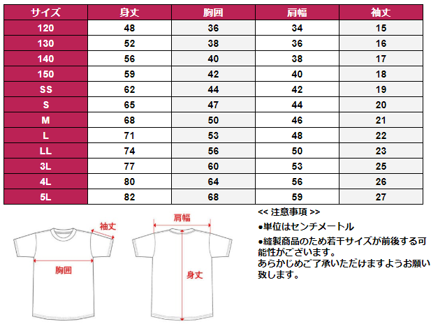 バレーチームTシャツサイズ表