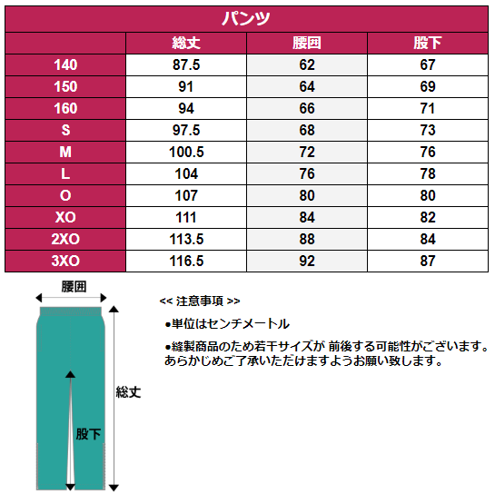 ウィンブレパンツサイズ表