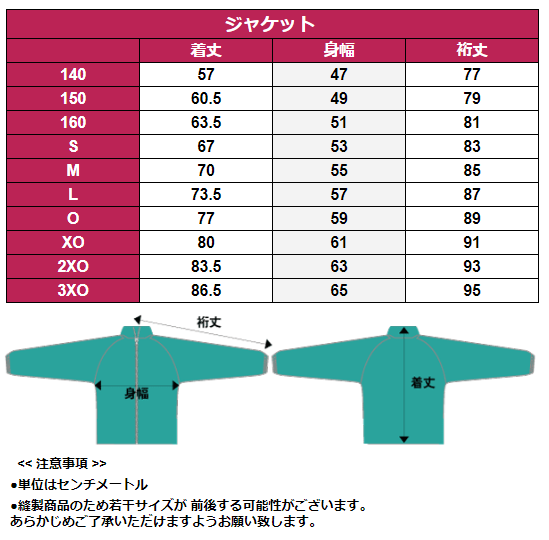 ウィンブレジャケットサイズ表
