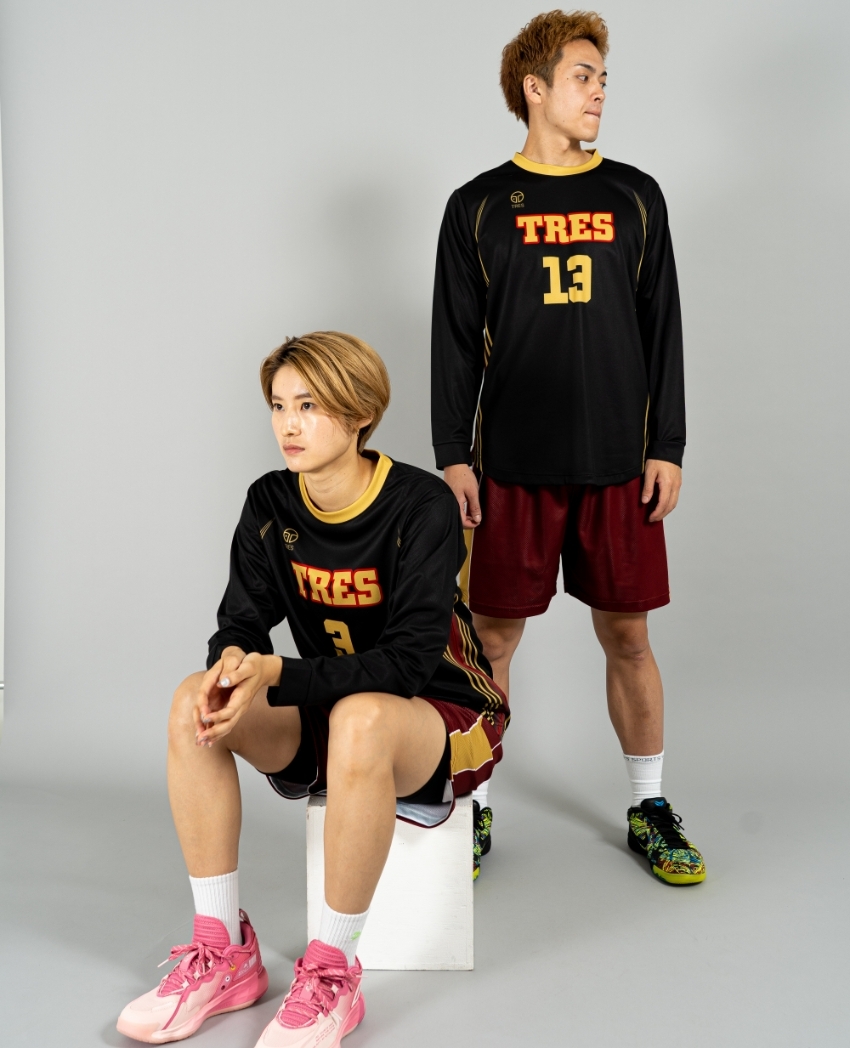 バスケットボール用シューティングシャツ画像　正面・女性・男性モデル|トレスバスケットボール